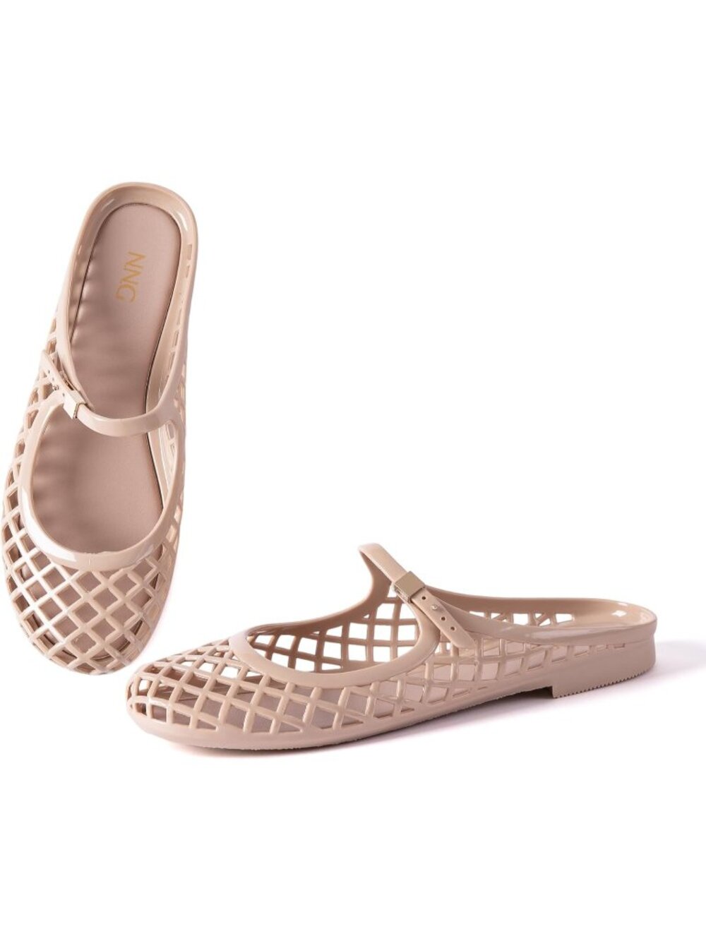 Women's Nude Mary Jane Jelly Mule Flat Adjustable Buckle Strap Sandals